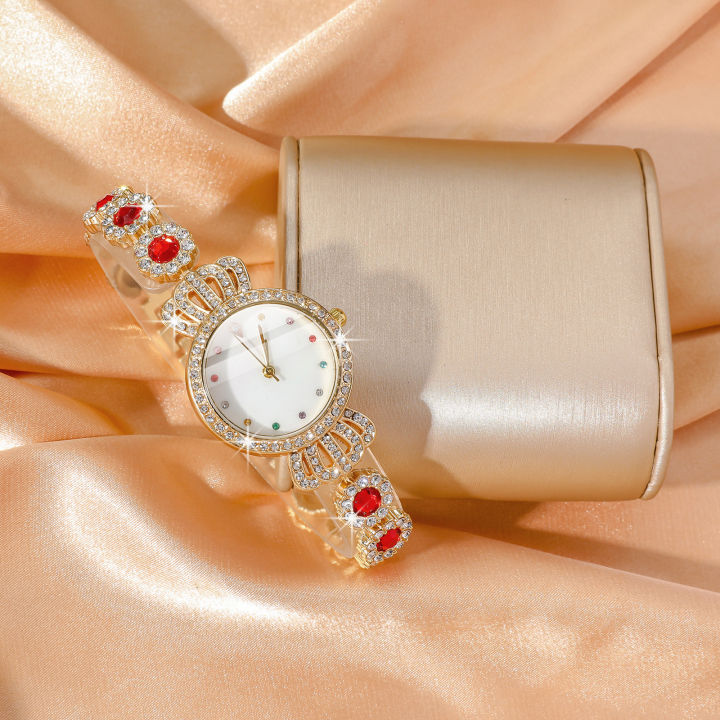Fashion 2pcs Women's Quartz Watches and Bracelet Matching Stainless Steel Waterproof Diamond Inlaid Ladies Wristwatch Spiral Crown Girl's Needle Buckle Watch