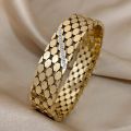 Greatera Chunky Inlaid Rhinestone Geometric Wide Stainless Steel Bangles Bracelets for Women Gold Color Charm Waterproof Jewelry.