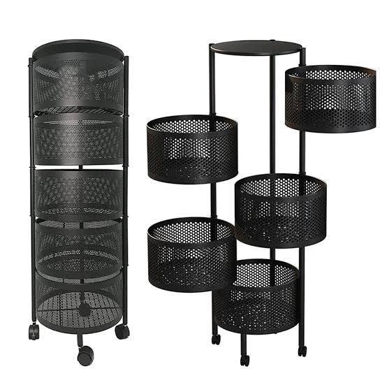 5 Layers Kitchen Rotating Shelf 360 Degree Baskets Fruit Vegetable Storage Rack Floor Round Shelf With Wheels