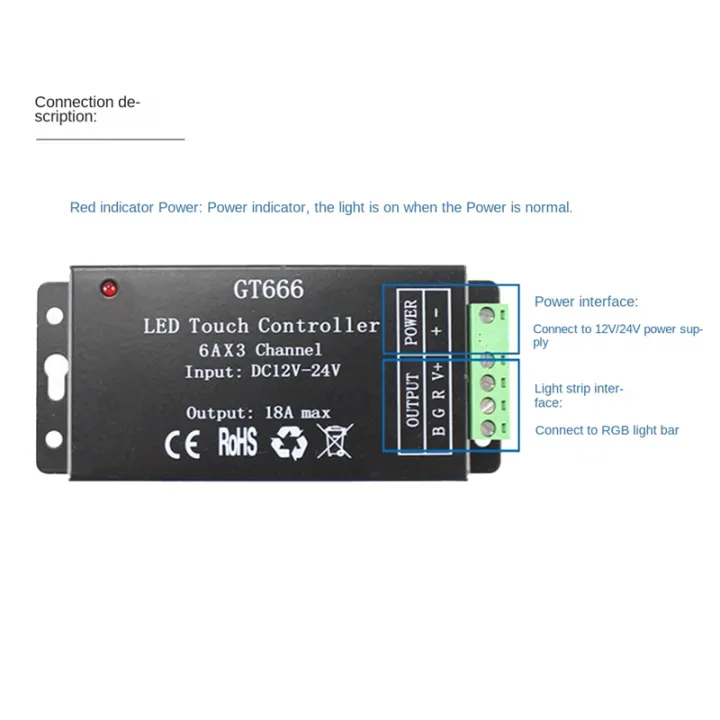 GT666 RGB LED LED Strip Controller Wireless Touch Remote DC 12V 24V 18A ...