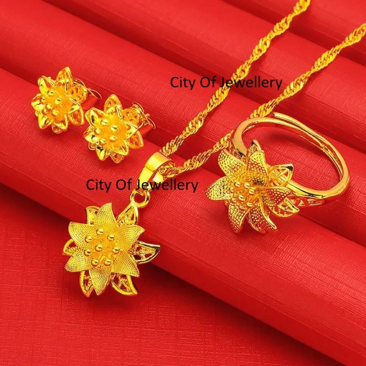 China gold plated flower degain loket necklace,earring & finger ring combo set for women