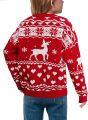 Women's Christmas Sweater Long Sleeve Crew Neck Pullover Red Color Block Knitwear. 