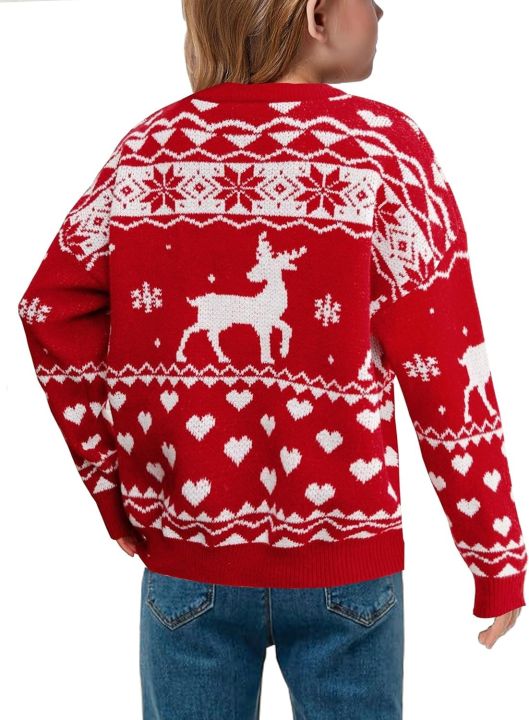 Women's Christmas Sweater Long Sleeve Crew Neck Pullover Red Color Block Knitwear