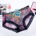Women Rose Embroidery See-through Transparent Panties. 