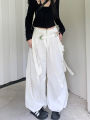 American White Spicy Girl Workwear Pants Women'S Design Sense Drawstring Pockets Loose Fitting Wide Leg Casual Pants. 