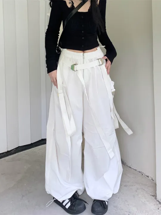 American%20White%20Spicy%20Girl%20Workwear%20Pants%20Women'S%20Design%20Sense%20Drawstring%20Pockets%20Loose%20Fitting%20Wide%20Leg%20Casual%20Pants%20-%20Image%202
