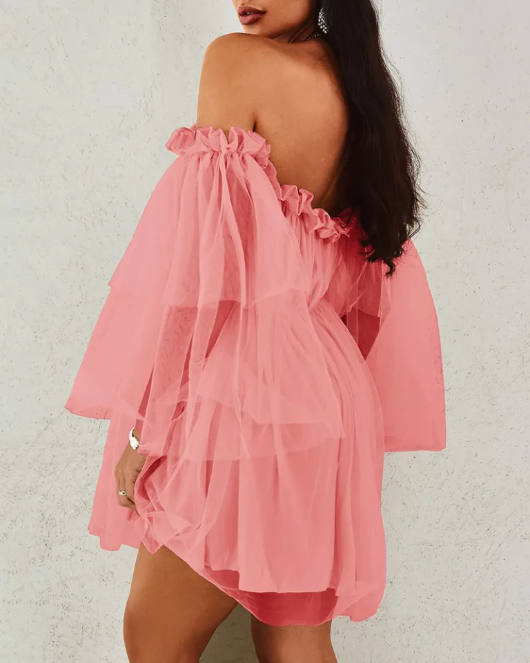 off shoulder frill trim sheer mesh swing dress MESH OFF SHOULDER LAYERED RUFFLE HEM DRESSMotf