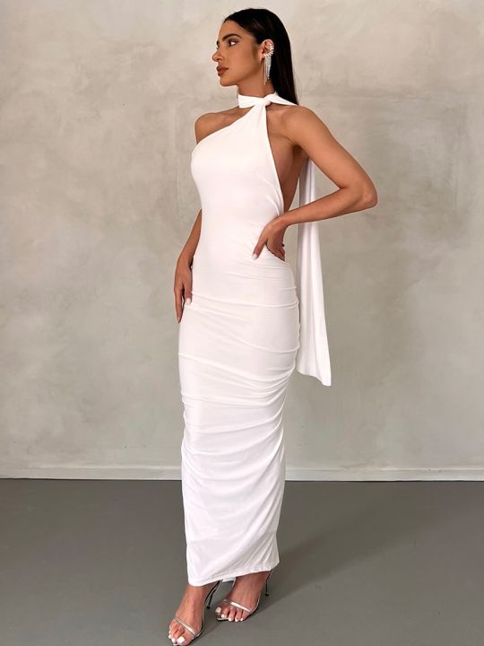 Halter%20Backless%20Maxi%20Dresses%20For%20Women%20Summer%202023%20Elegant%20Mermaid%20Long%20Party%20Evening%20Dress%20Bandage%20Ruched%20Bodycon%20Dress%20White%20-%20Image%202