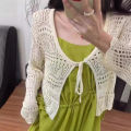 South Korea 2024 Summer New All-Matching Hollow Crocheted Flower Linen Knitwear Lace-up Long Sleeve Cardigan Shawl for Women.