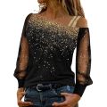 Woman Long Sleeve Sequin Blouse Top Summer Party Cold Shoulder Bling Mesh Sheer Blouse Lady Casual Shirts Clothes.