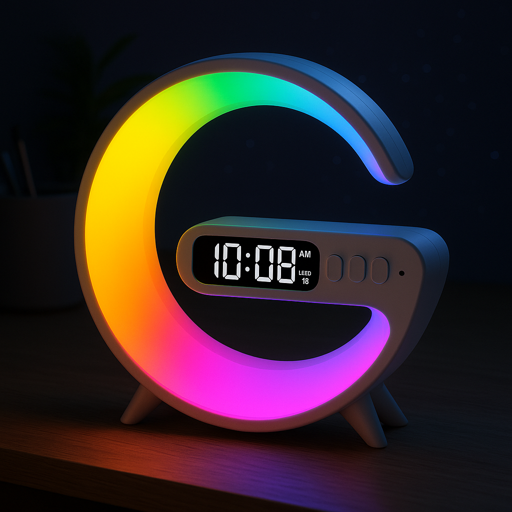 Multicolor LED G-Shape Alarm Clock with Bluetooth Speaker & Night Light
