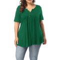 5XL Plus Size Women Short Sleeve Loose T-Shirt Casual Solid Button Pleated Tunic Tops Large Female Pullover Tops Summer Clothes.