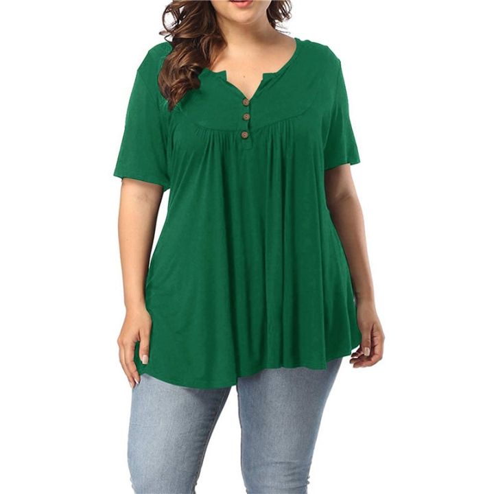 5XL%20Plus%20Size%20Women%20Short%20Sleeve%20Loose%20T-Shirt%20Casual%20Solid%20Button%20Pleated%20Tunic%20Tops%20Large%20Female%20Pullover%20Tops%20Summer%20Clothes%20-%20Image%206