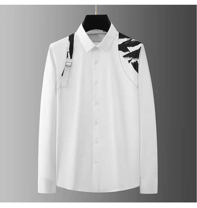 Luxury Metal Buckle Shoulder Strap Men's Long-sleeved Shirt Slim