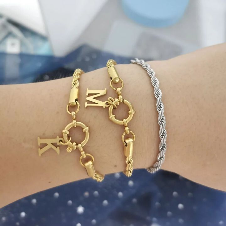 QMHJE A to Z Letter Anchor Clasp Bracelet Women Men Stainless