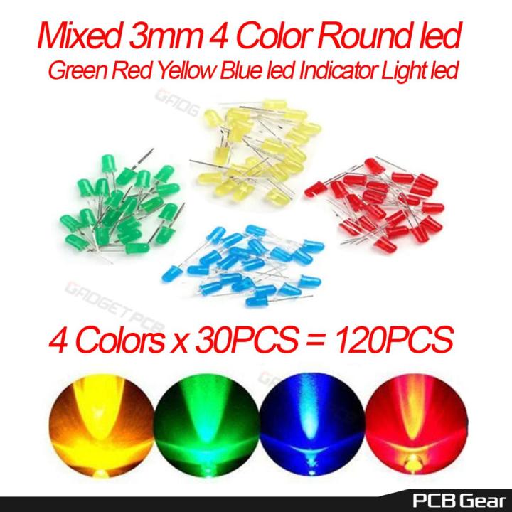 Mixed 4 Color 3mm Round LED Light Emitting Diode Basic LED Green Red Yellow Blue Light Bulbs For Electronics Project Indicator Front Panels Light DIY