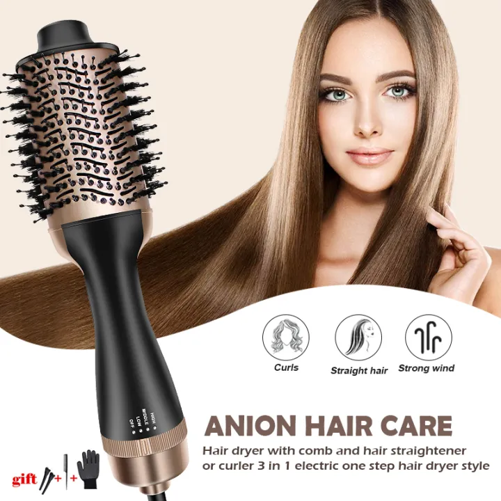 Ubeator -1200W Hot Air Hair Comb Brush Hair Dryer 2 In 1 Multifunctional Hair Straightener Curling Tool G7-Black