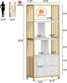 Gold Bookshelf with Drawers Modern Bookcase Storage Rack Shelf Tall Standing Bookshelves Metal Frame Large Display Racks Book Shelf for Bedroom, Living Room, Home Office, White/Gold. 