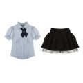 College Style Japanese SuitJKUniform Women's Waist-Tight Slimming Puff Sleeve Shirt Top High Waist Bubble Cake Dress. 