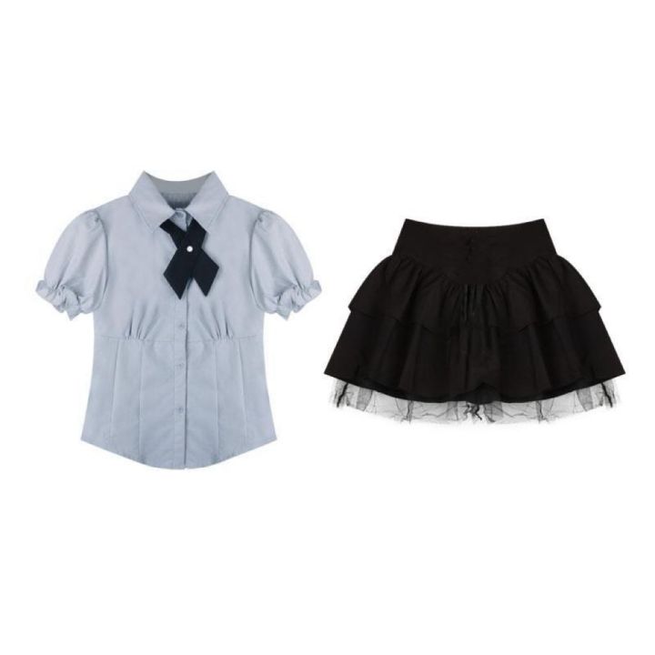 College%20Style%20Japanese%20SuitJKUniform%20Women's%20Waist-Tight%20Slimming%20Puff%20Sleeve%20Shirt%20Top%20High%20Waist%20Bubble%20Cake%20Dress%20-%20Image%204