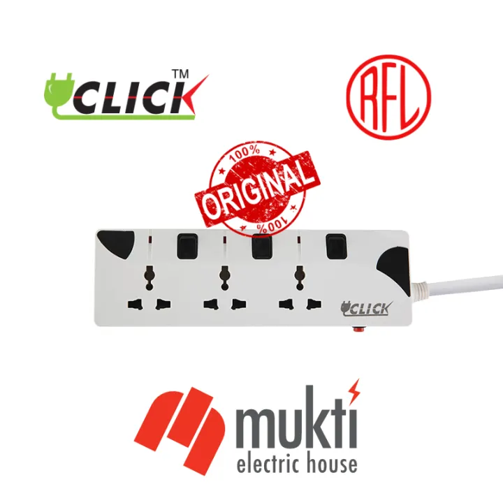 CLICK Safe 3 Point Multiplug Extension Cord 3skt Port Multi Plug Socket