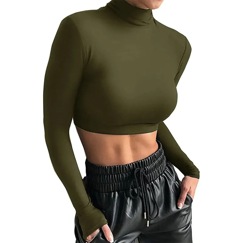 Women's Long Sleeve Turtleneck Crop Tops Fitted Basic T Shirt 2022