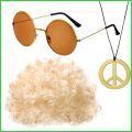 Disco Wig Set Men Hippie Costume Accessories Set 70s Disco Men's Accessories Elastic Afro Wigs 3Pcs Halloween smbph. 
