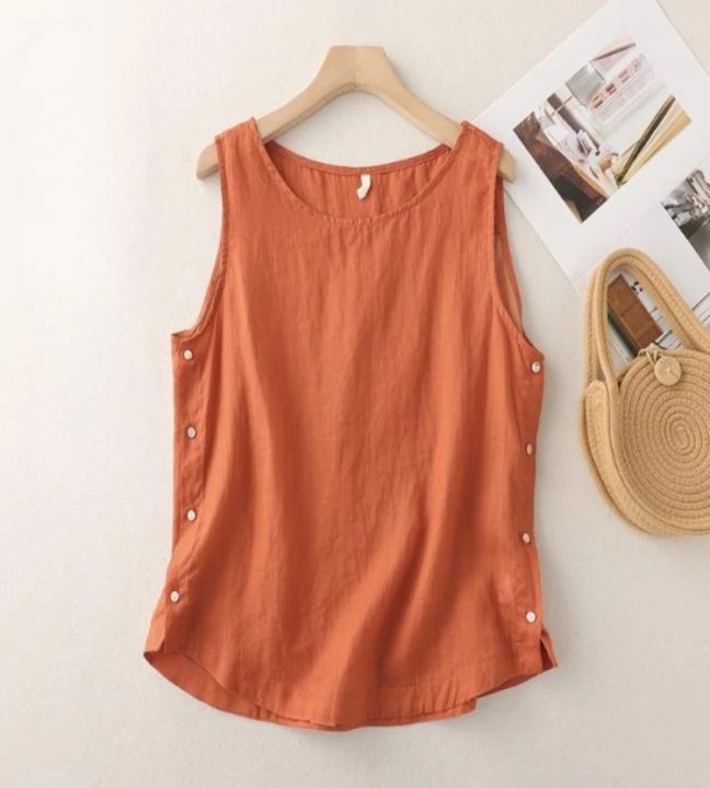 Women's%20Summer%20Loose%20Simple%20Orange%20Tank%20Top%20O-Neck%20Side%20Button%20Design%20Solid%20Pullover%20Sleeveless%20T-shirt%20-%20Image%203