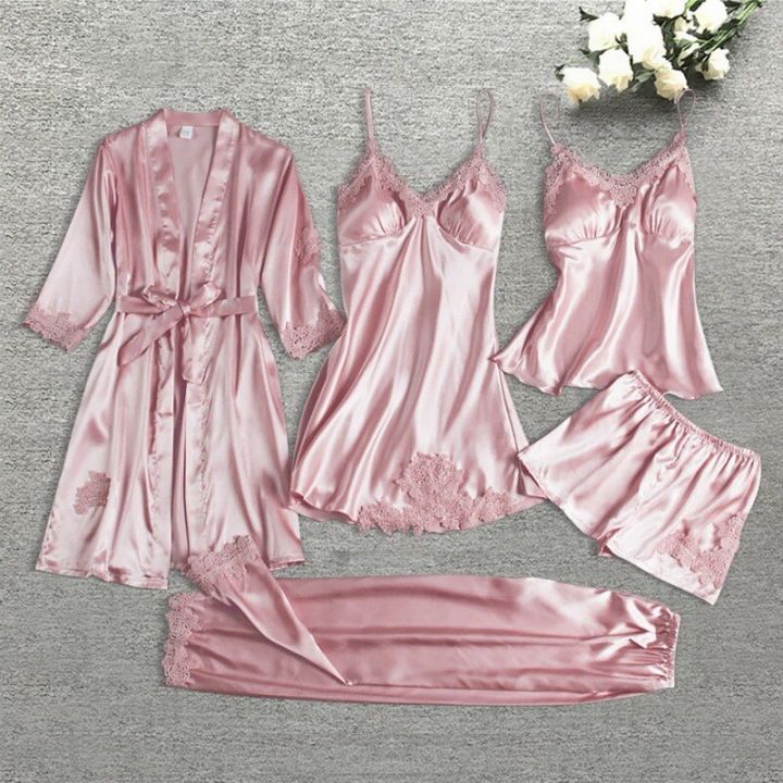 Sleepwear%20Female%205/4/2PCS%20Pajamas%20Set%20Satin%20Pyjamamas%20Lace%20Patchwork%20Bridal%20Wedding%20Nightwear%20Rayon%20Home%20Wear%20Nighty&Robe%20Suit%20-%20Image%206