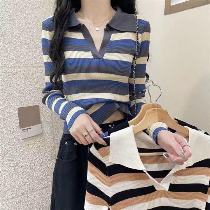 Color%20Polo%20Collar%20Long%20Sleeve%20T%20Women's%20T-shirt%202022%20Autumn%20and%20Winter%20Knitting%20Bottoming%20Shirt%20Slim%20Fit%20Slimming%20Inner%20Short%20Top%20ins%20-%20Image%204