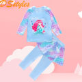 DSstyles 2pcs Girls Split Swimsuit Cartoon Mermaid Long Sleeves Tops Long Pants Beach Sunscreen Quick-drying Swimming Suit.