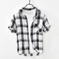 Summer and Spring New Men Retro Plaid Short Sleeve Linen Shirt Youth Thin Breathable Workwear Black Blue Top GD-2011.