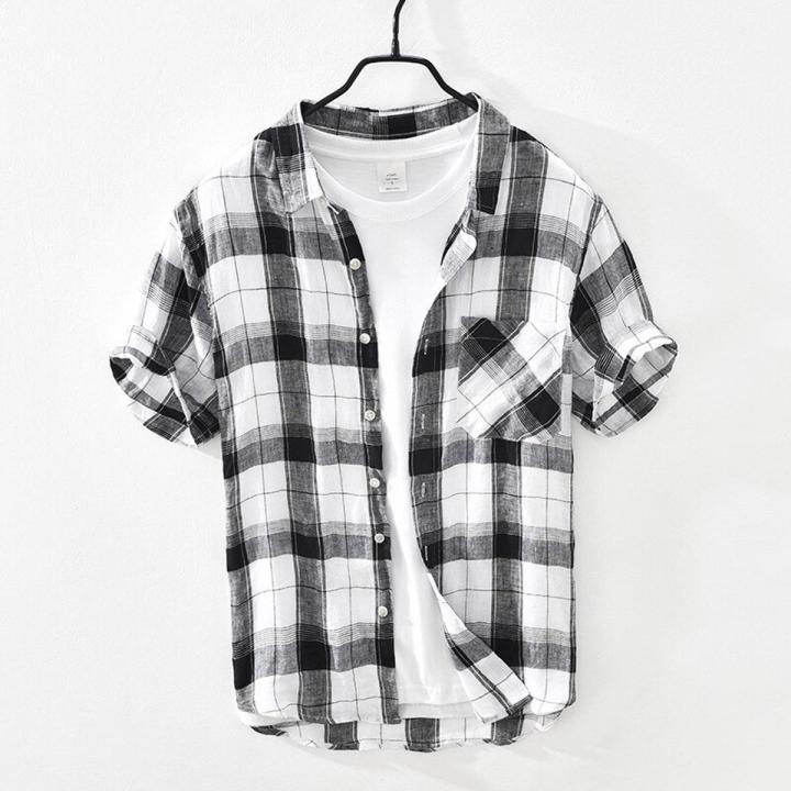 Summer and Spring New Men Retro Plaid Short Sleeve Linen Shirt Youth Thin Breathable Workwear Black Blue Top GD-2011