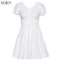 KLALIEN Fashion Elegant Solid White Dress Summer New Women Short Sleeve V Neck A-Line Dresses Party Vacation Street Wear.