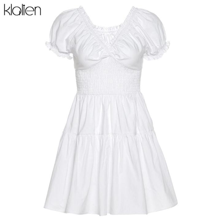 KLALIEN Fashion Elegant Solid White Dress Summer New Women Short Sleeve V Neck A-Line Dresses Party Vacation Street Wear
