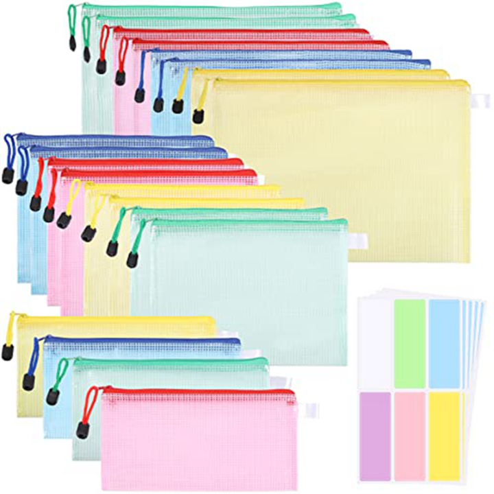20 Pack Document Bags Plastic Document Bag A4+A5+A6, File Folder Plastic Zip Pocket Zipper Pocket Mesh Pouch with Zipper (4 Colors)
