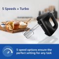 Philips HR3705/10 300W Hand Mixer – Lightweight, 5-Speed Control, Stainless Steel Accessories (Black).