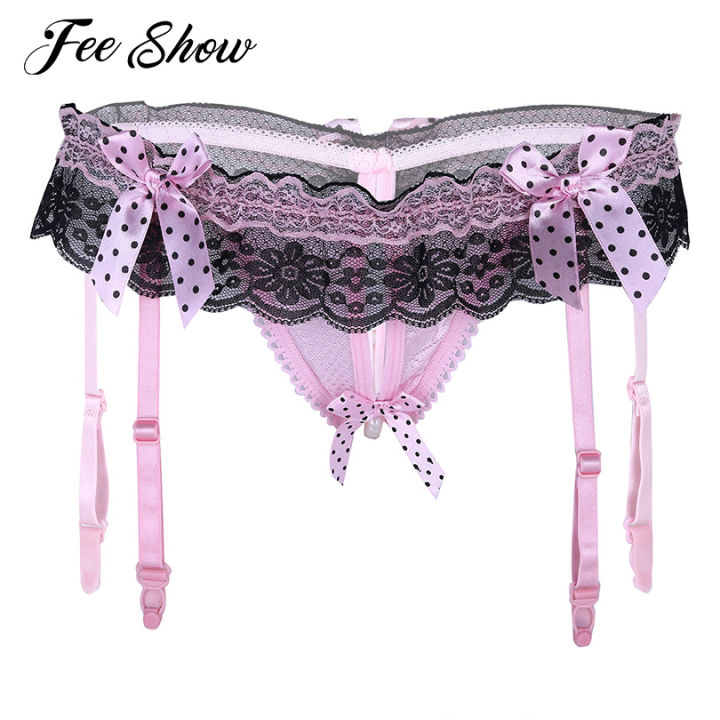iefiel Women's sissy panties underwear crossdressing sissy lingerie Crotchless panties with Pearl sexy Open Crotch Briefs Garter