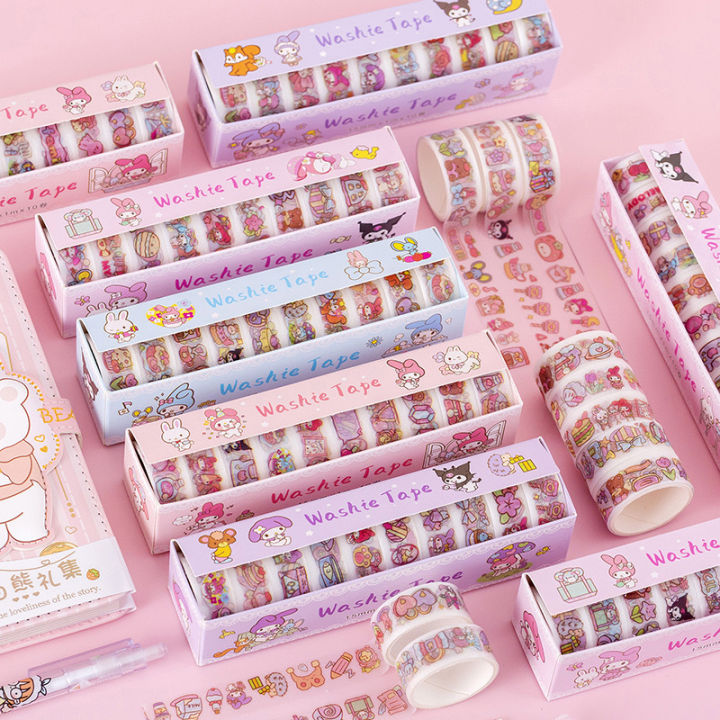 10Rolls Cute Cartoon Kuromi Melody Handbook Adhesive Tape Creative Fashion Kawaii Hand Account DIY Tape Children Toys Gifts
