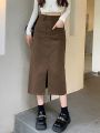 Hong Kong Style Retro Workwear Skirt Women's Fall Mid-Length Straight Split One-Step Skirt Khaki High Waist Denim Skirt. 