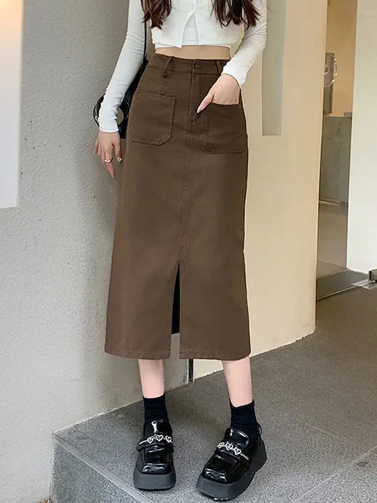 Hong%20Kong%20Style%20Retro%20Workwear%20Skirt%20Women's%20Fall%20Mid-Length%20Straight%20Split%20One-Step%20Skirt%20Khaki%20High%20Waist%20Denim%20Skirt%20-%20Image%204