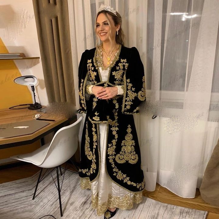 Karakou Algerian Evening Dress With Long Sleeve Outfit jacket gold Applique Lace Chalka Prom Gowns Muslim Formal Party