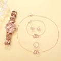 6PCS Set Rose Gold Luxury Watch Women Ring Necklace Earring Rhinestone Fashion Wristwatch Casual Ladies Bracelet Watches. 