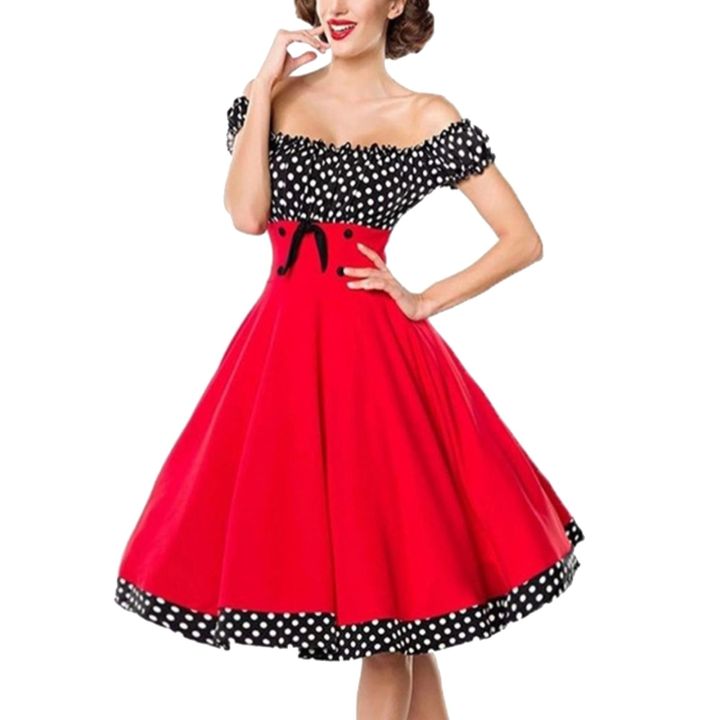 Summer Women Polka Dot Dress Retro Patchwork Off Shoulder Vintage Swing  Dress Robe Femme Pin Up Rockabilly Party Dress | Daraz.com.bd