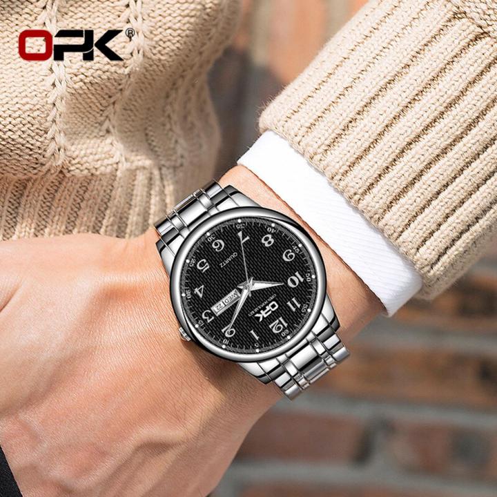 OPK new watch for men relo water proof pang lalaki fashion casual stainless steel quartz watch gold/black calendar luminous display