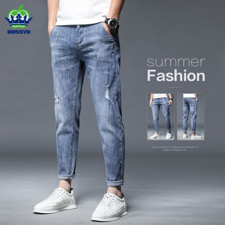 High Quality Brand Summer Stretch Cotton Hole Men's Ankle Length Jeans Thin Streetwear Design Denim Pants Korea Casual Trousers