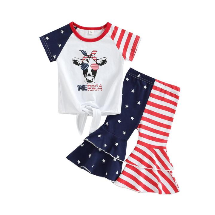 Independence Day Little Girls Outfit, Short Sleeve Round Collar Cow Head Printing Tie Up Tops + Splicing Bell-bottomed Pants
