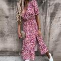 Summer  Floral Pattern Slim Dress Casual Short Sleeve High Waist Dresses Female Sexy V-Neck Outdoor Colorful Dresses. 