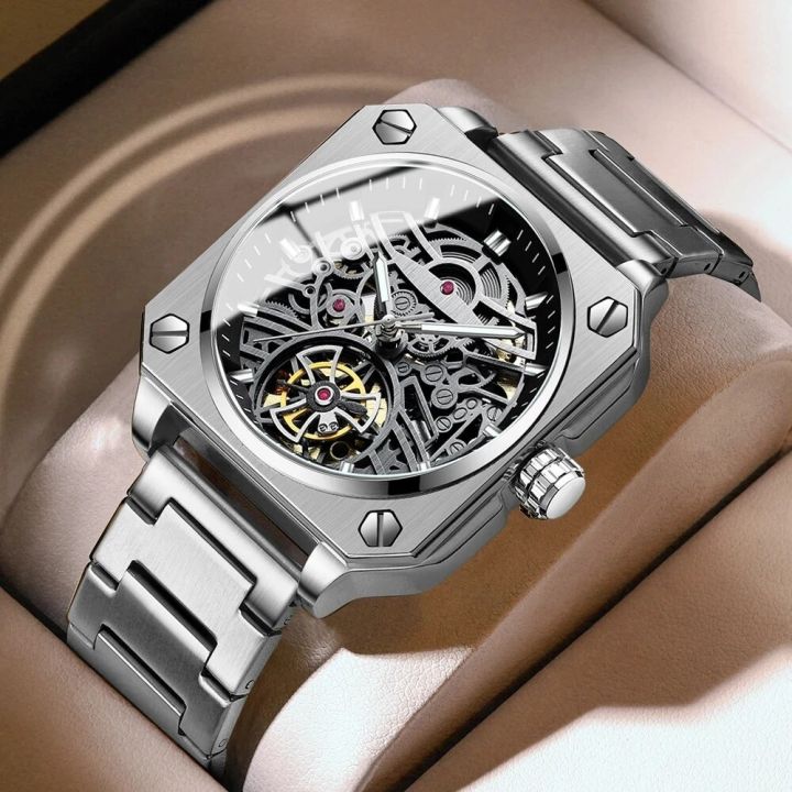 2024 New BINBOND H1133 Tourbillon Mechanical Watch Men Automatic Steel Strap Skeleton Mens Watches Top Brand Luxury BOX