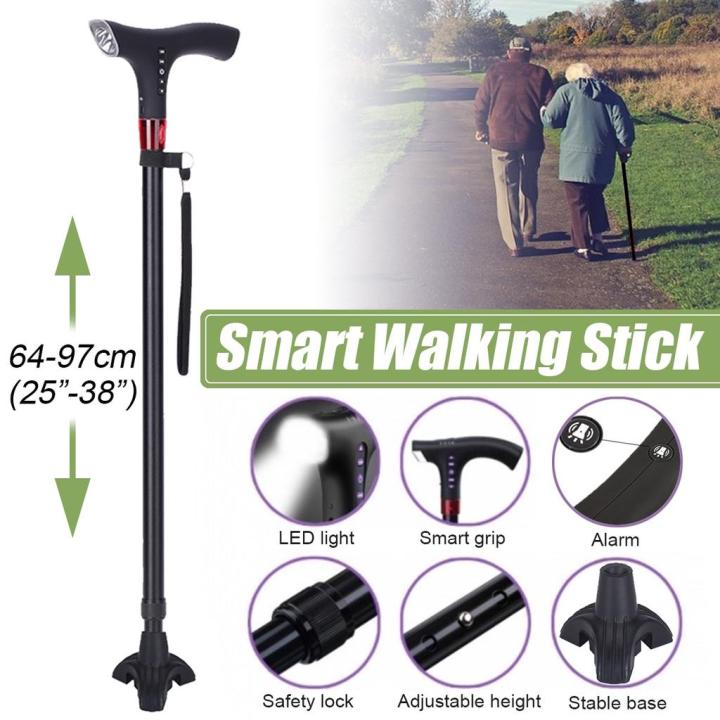 Tujyiik Adjustable Auto Alarm FM Radio Walking Stick LED Safety 4 Head Smart Stick